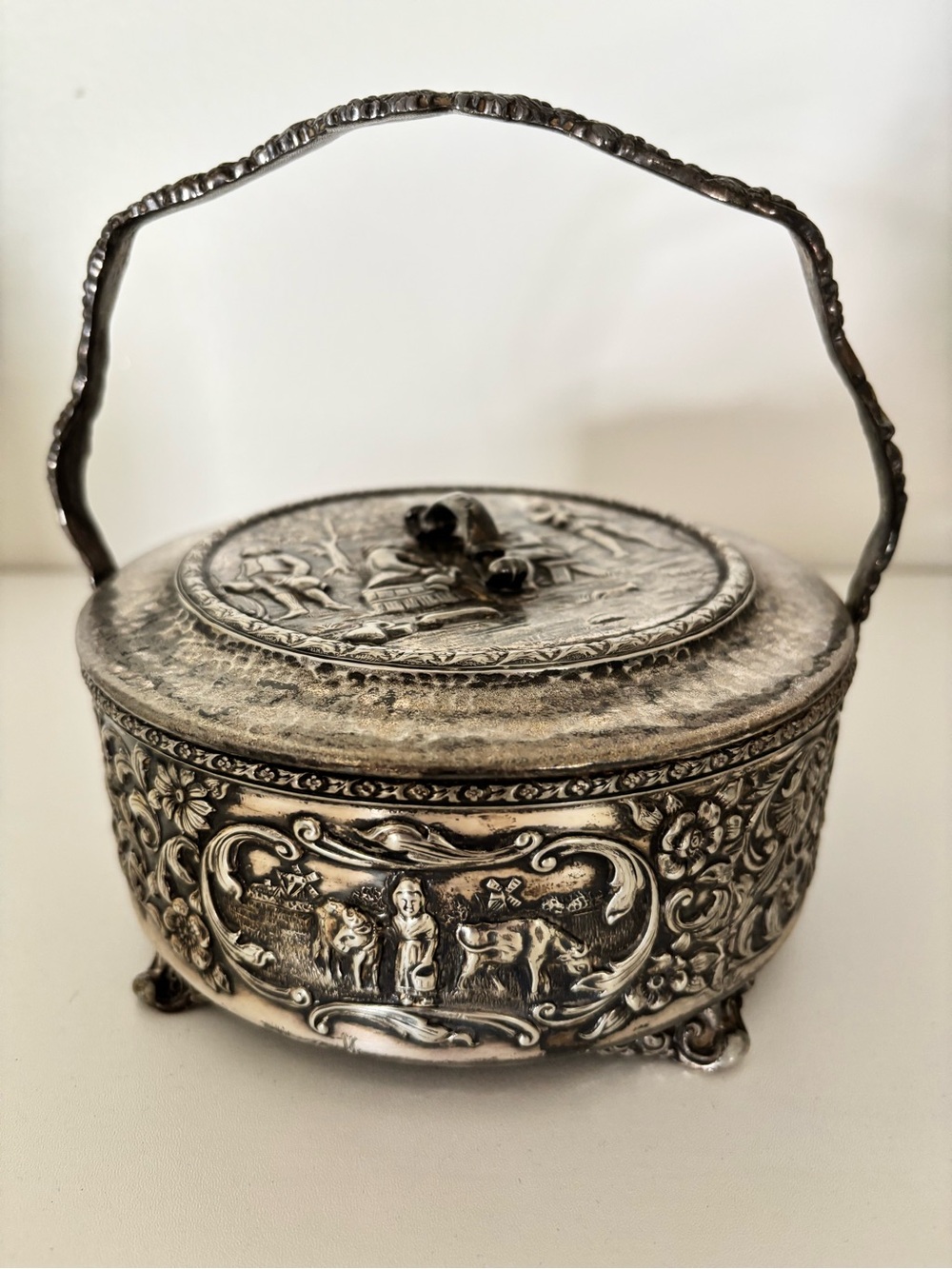 Antique Dutch Repousse Handled Candy Dish Silver Plate with glass insert